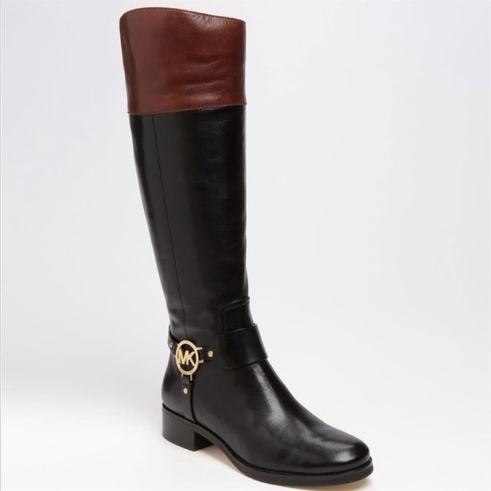 Michael Kors Fulton two tone leather riding equestrian boots shoes size 7.5 gold
